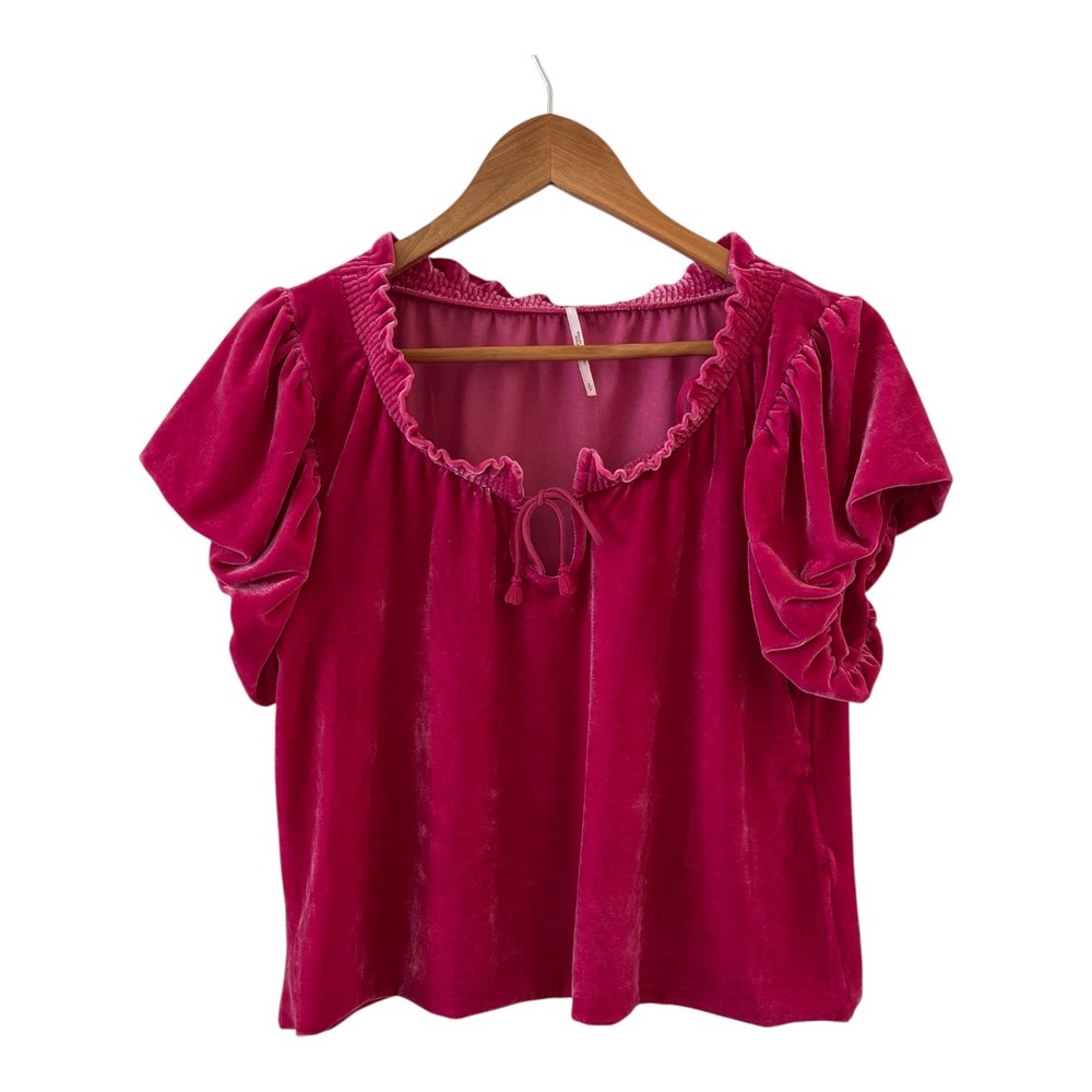 Free People Terese Velvet Top Womens S Fuchsia‎ Pink Puff Sleeve Ruffle Boho